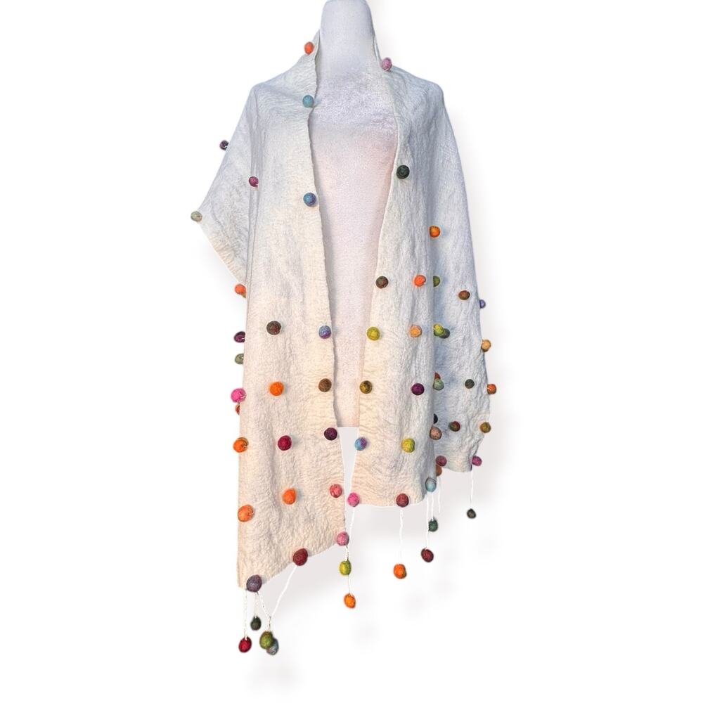 Windhorse Sugar Dot Wool Silk Scarf Shawl White Felted Polka‎ Dot Pom Pom Wrap